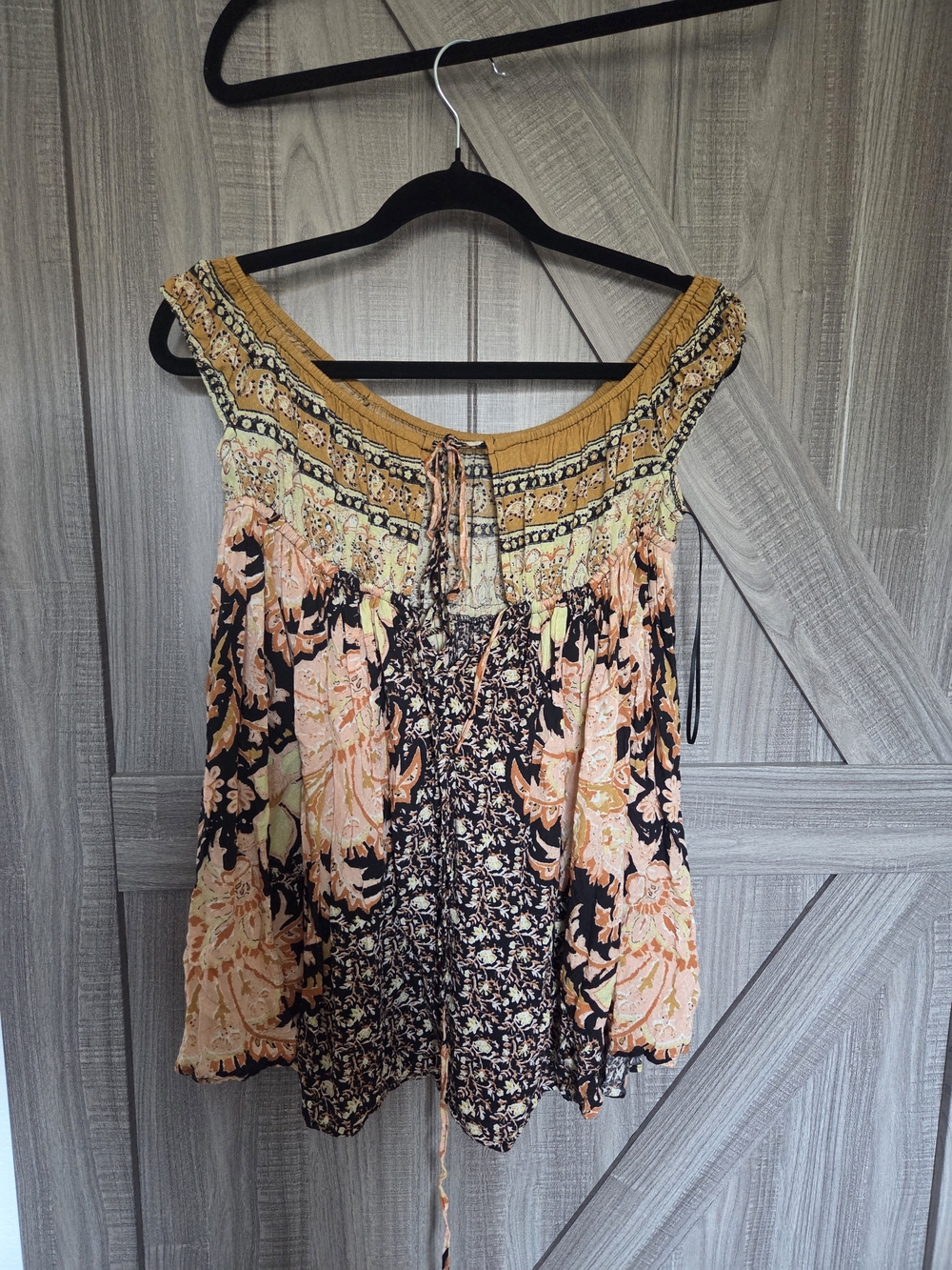 Free People Peasant-Style Off-Shoulder Floral Women’s Top in Mustard and Peach